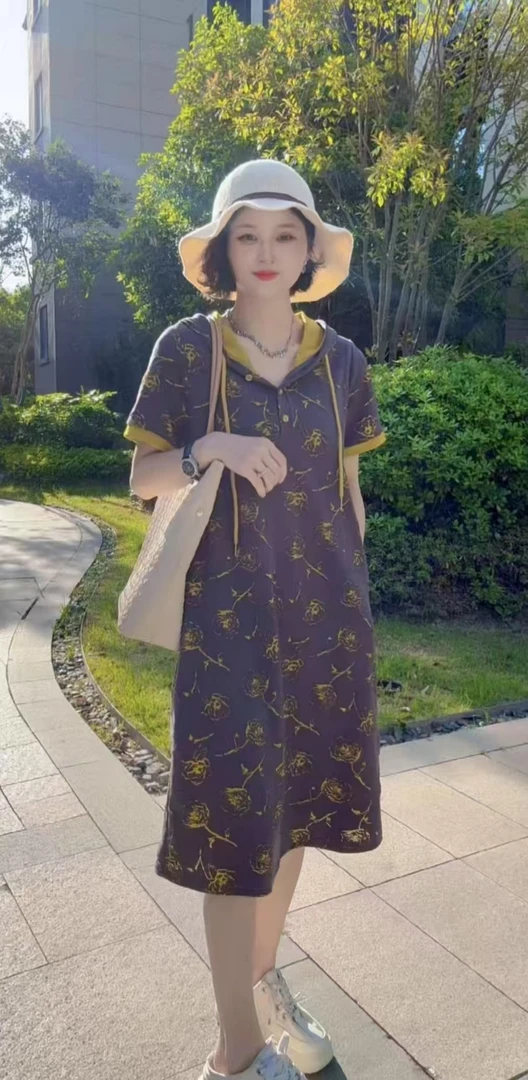 2025新品时尚洋气百搭帽子减龄显瘦短袖气质女连衣裙