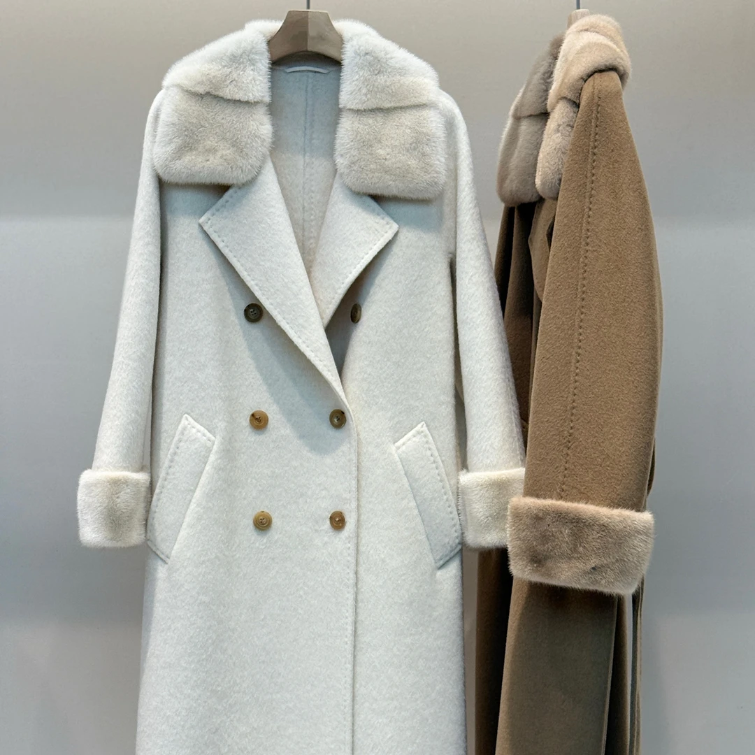 2025秋冬新款韩系宽松帕斯条水貂双面羊绒大衣洋气时尚大气