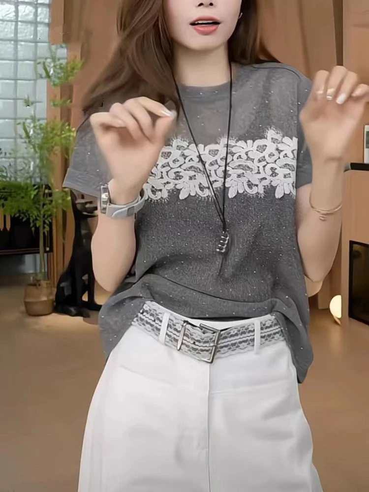 重工拼接蕾丝设计感短袖T恤女夏季2025新款洋气欧货大码透气上衣