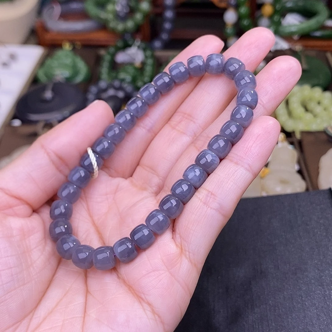和田玉烟紫手链清货价约7MM未镶嵌