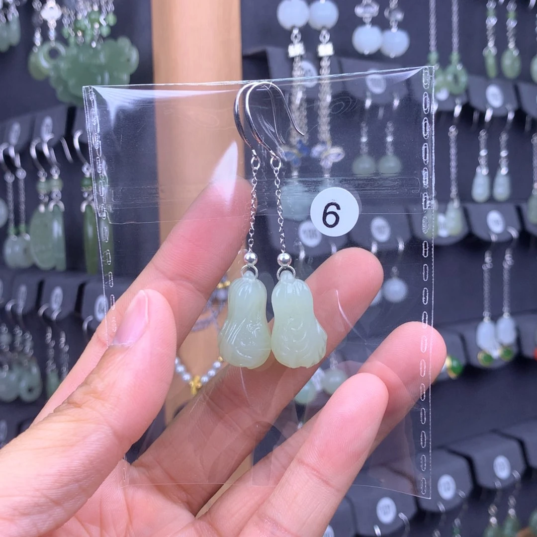 和田玉耳饰银S925镶嵌淼*