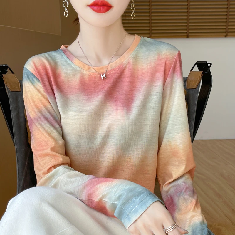 2025春季新款时尚水墨扎染打底衫女洋气长袖内搭