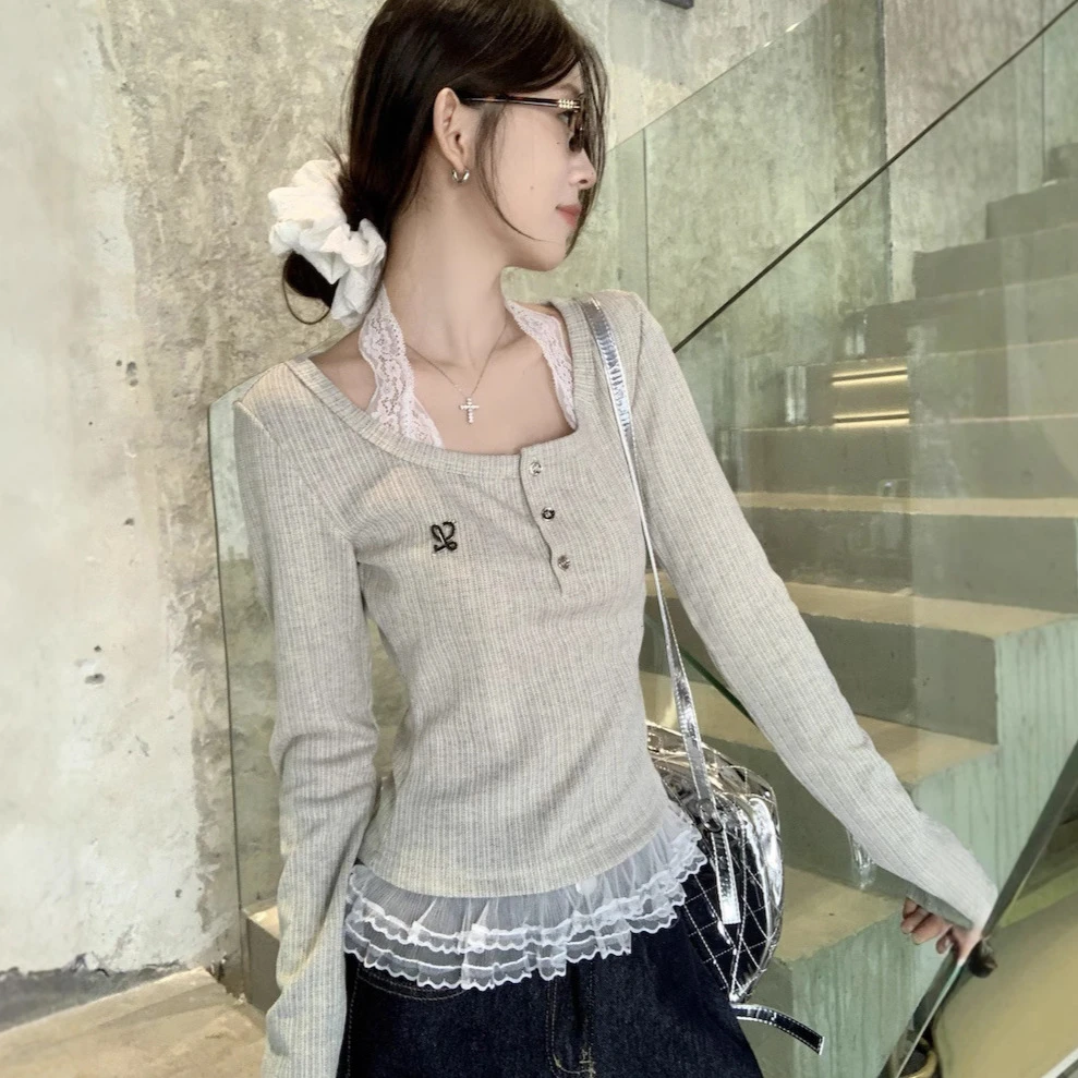 假两件芭蕾风蕾丝挂脖针织T恤女早秋chic甜辣打底衫内搭短款上衣