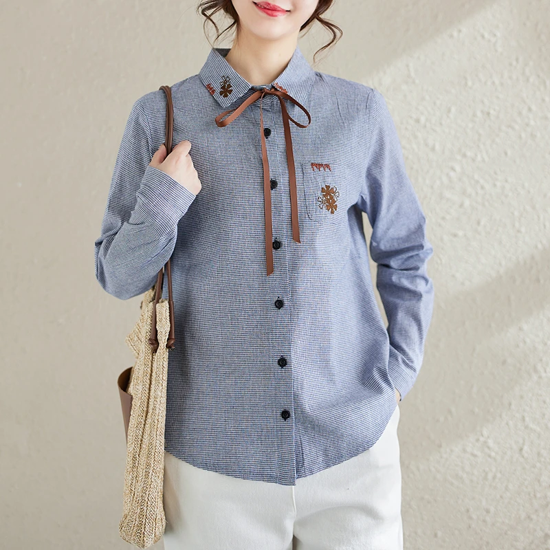 新中式简约百搭长袖小格子翻领衬衣宽松拼接口袋千鸟格刺绣衬衫女