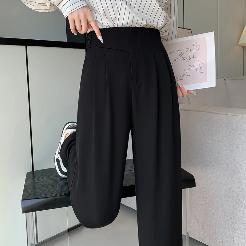 2025春季新款阔腿裤女高腰薄款裤子垂感黑色春夏窄版直筒裤西装裤