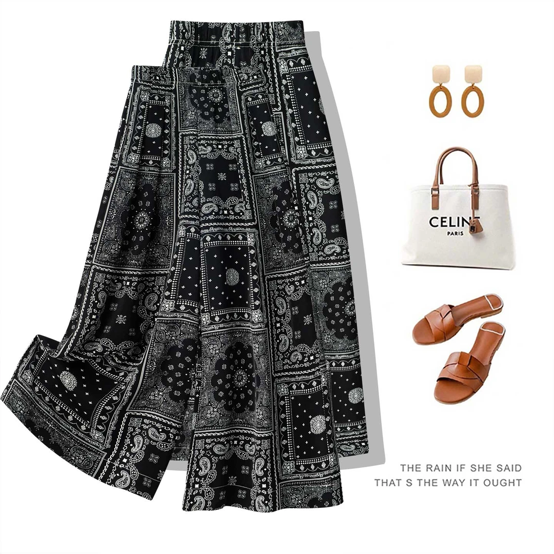 时尚显瘦高腰夏季印花垂感阔腿休闲松紧腰女装雪纺裤 2025 年新款