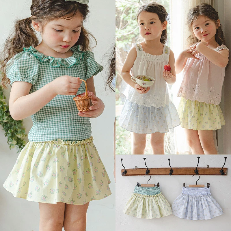 女孩女童薄棉甜美碎花拼接花边公主半身裙