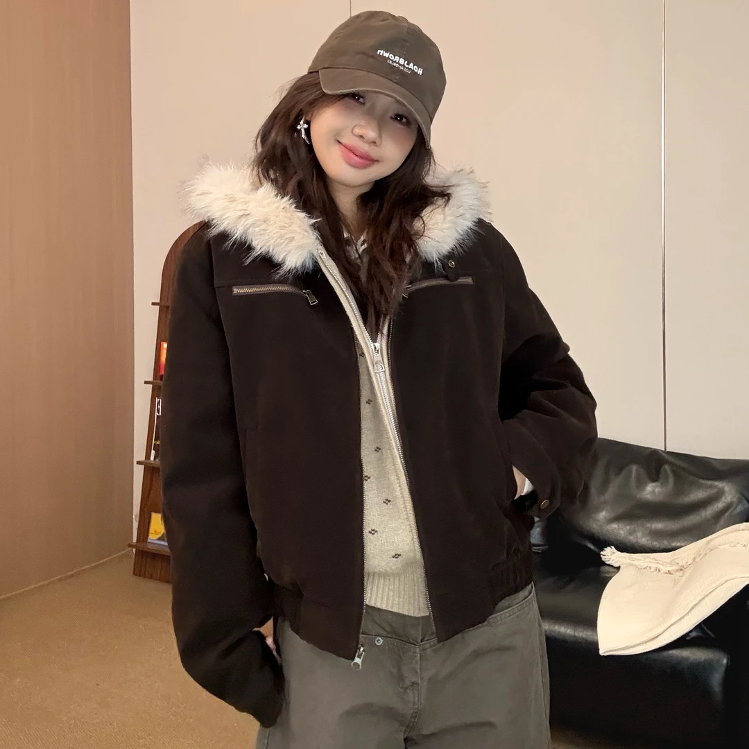 【棕色夹克外套】虎皮卷秋冬新款夹克夹棉棒球服外套WT2025032
