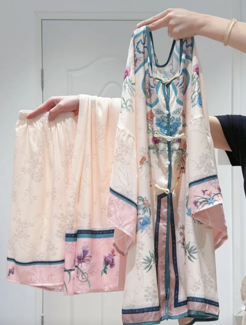【三件套】舒灵YS-2025新款夏季国风女复古銮金汉服印花睡衣家居服
