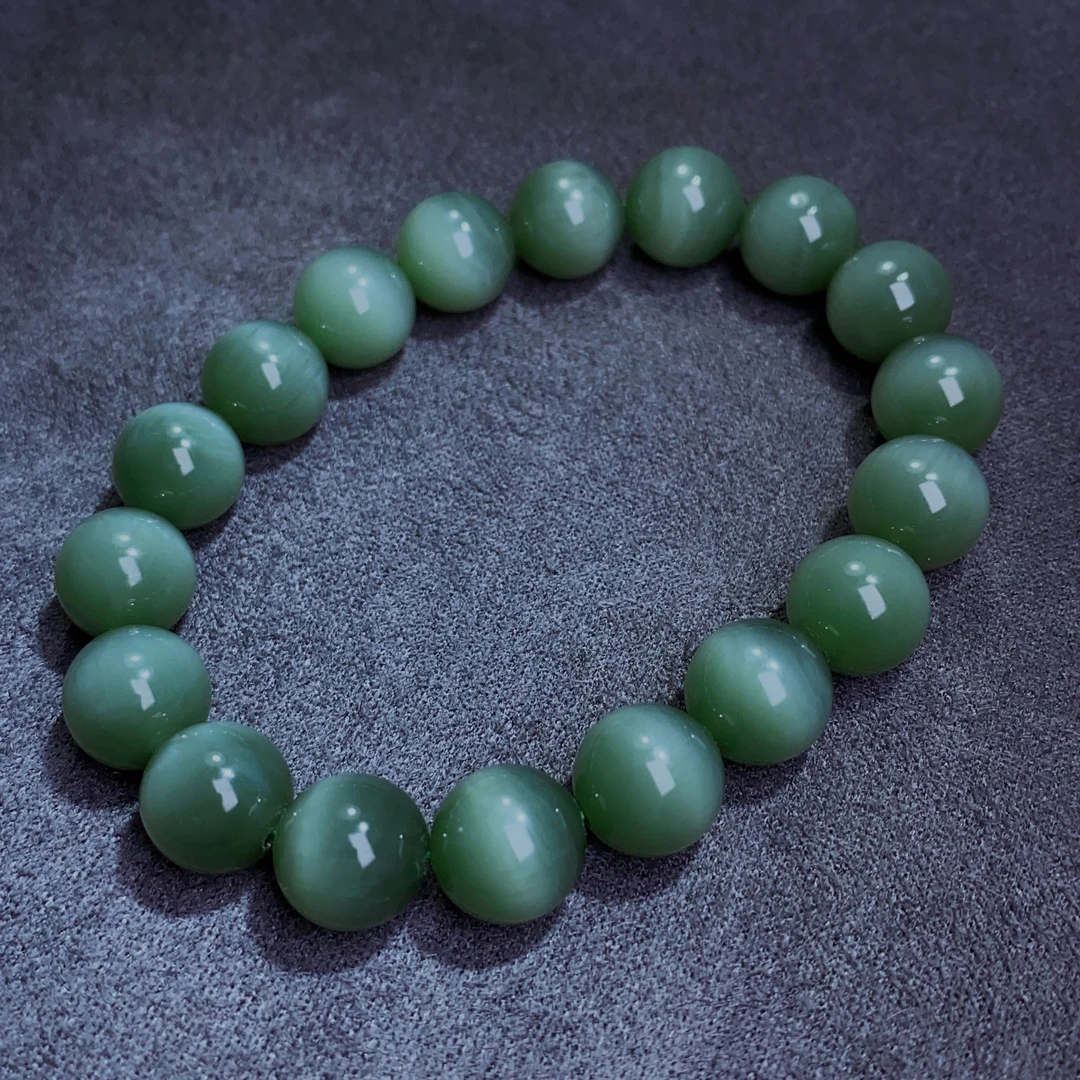 天然和田玉精品收藏级碧玉猫眼圆珠约11mm手链素单圈手串@4543