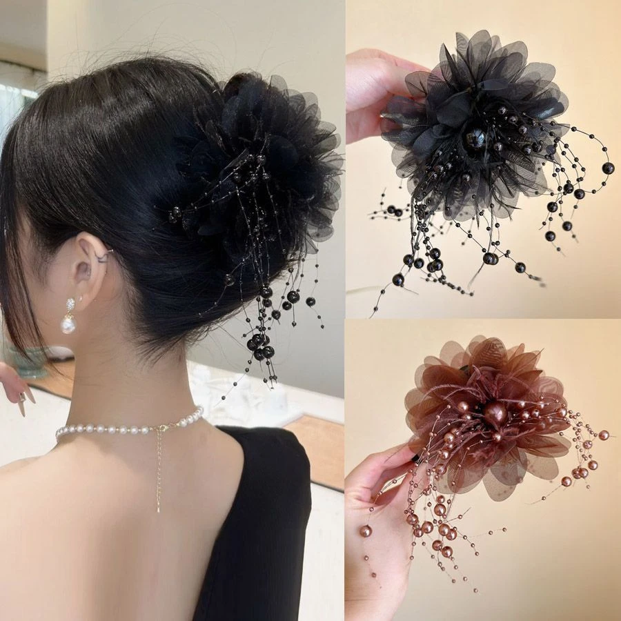 高级感轻奢头饰花瓣羽毛珠珠流苏抓夹后脑勺盘发发抓鲨鱼夹女士夹