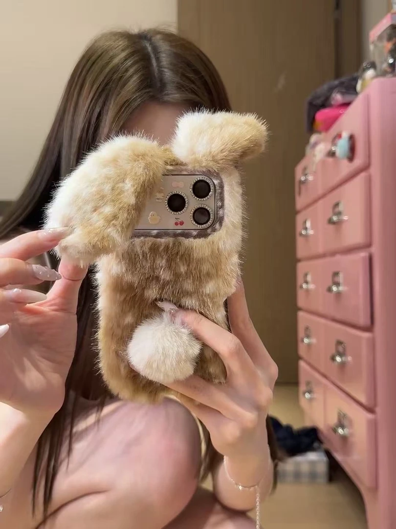 日韩秋冬毛绒兔耳适用iPhone17Promax苹果15/16手机壳13新款14毛