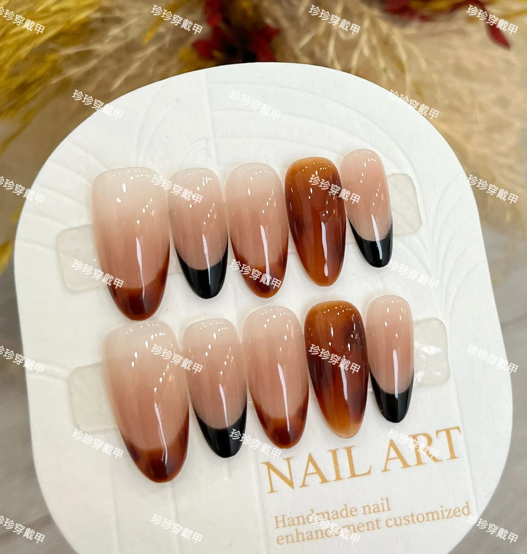 【浓咖啡】珍珍手工穿戴甲气质显白玳瑁晕染跳色法式可拆卸美甲贴片