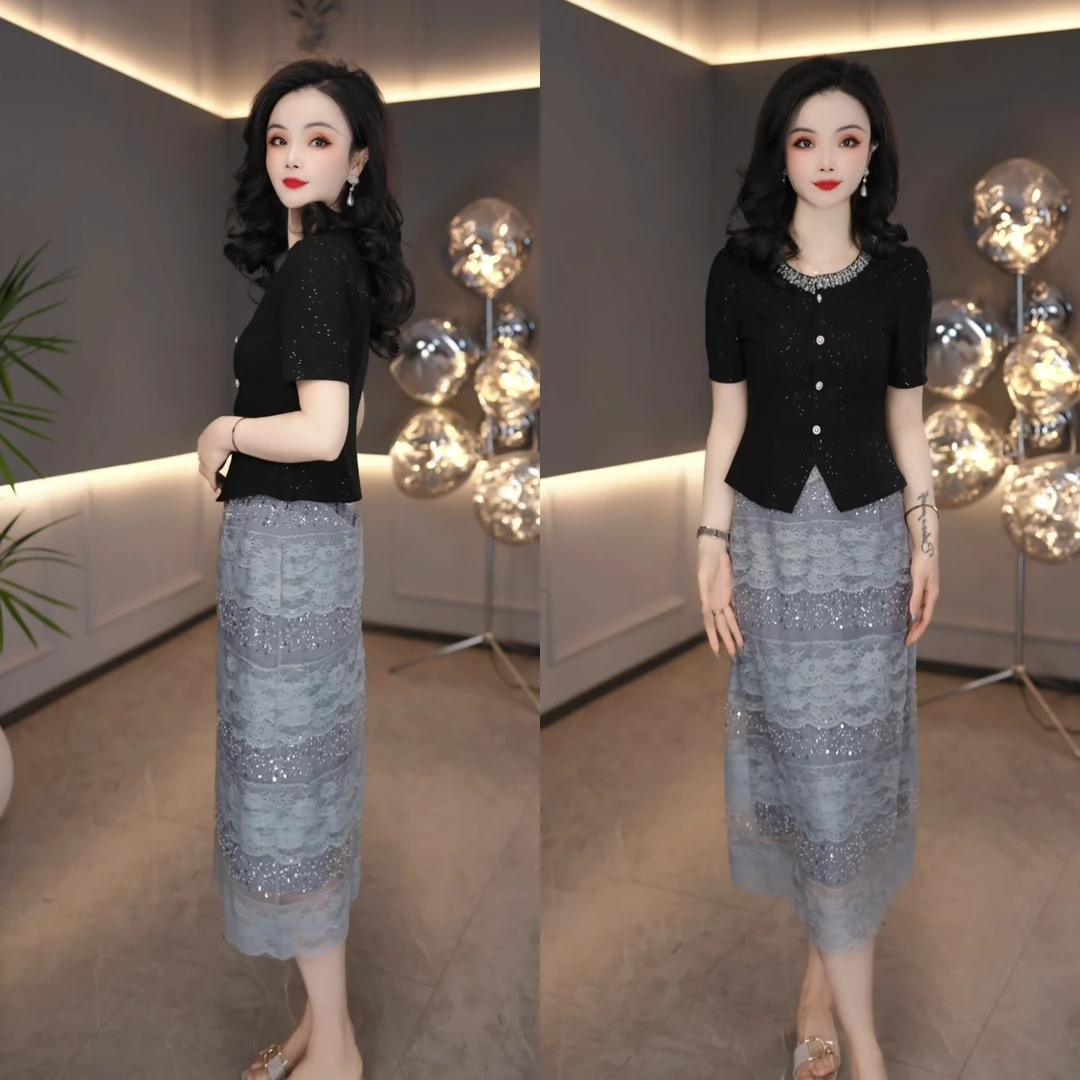 上衣+半身裙2025春季新款轻奢重工蕾丝两件套连衣裙M-4XL