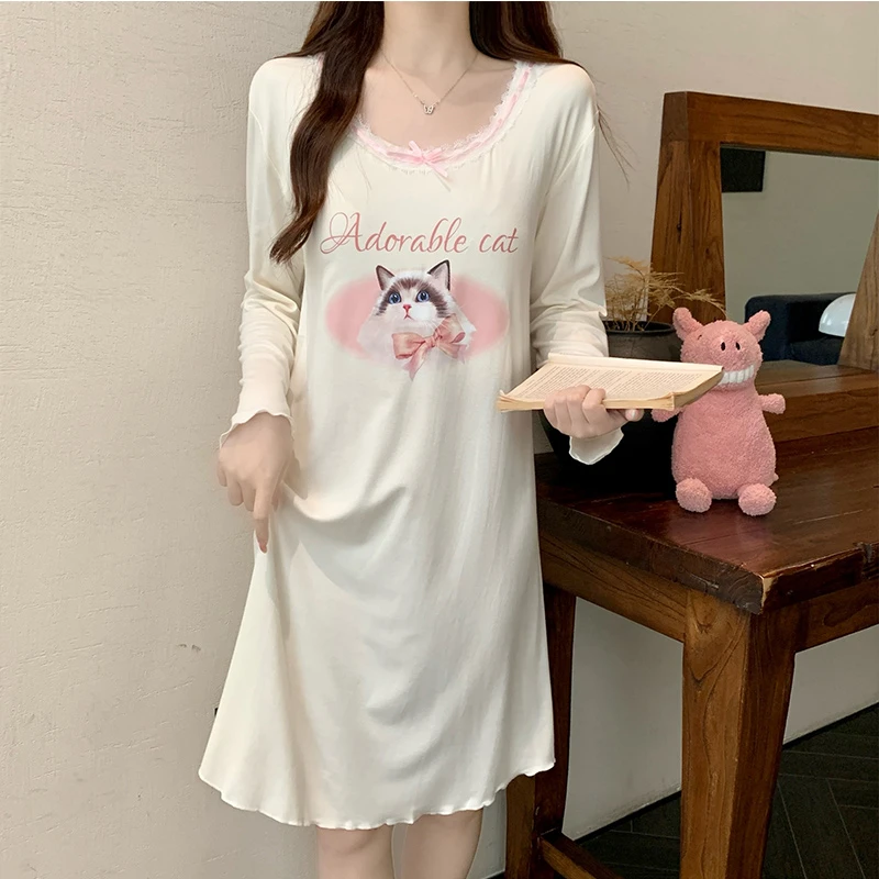 睡裙女款春秋季长袖甜美纯欲粉色猫咪带胸垫小个子家居服性感睡衣