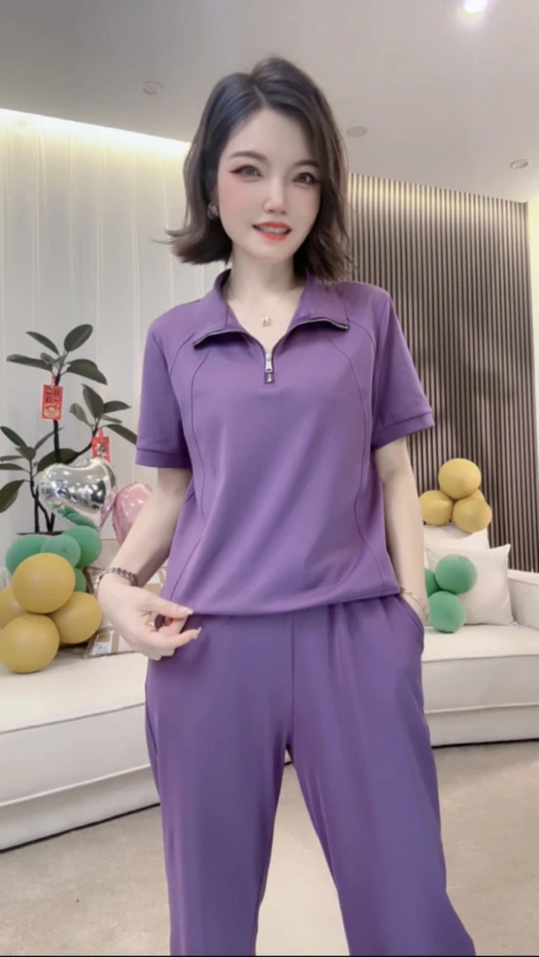 曼姐专属 2025夏季新款高级休闲半拉链短袖阔腿裤两件套-25L111