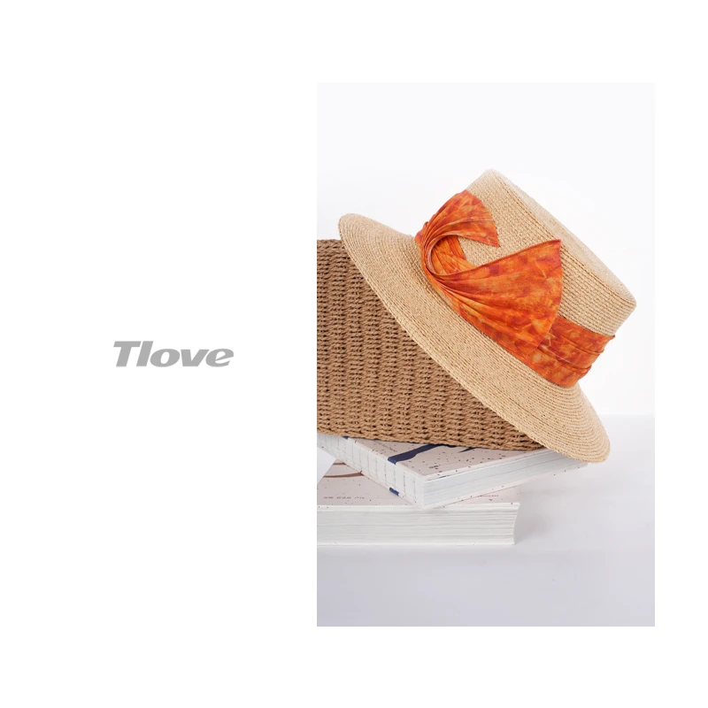 6890夏季平顶遮阳草帽法式优雅宽檐编织帽女士防晒太阳帽
