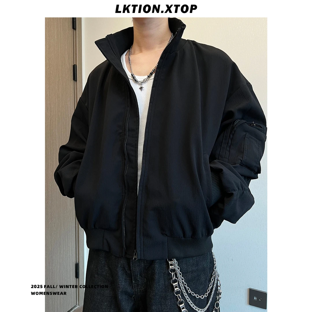 LK正品痞帅潮美式潮流竖纹肌理感高级通勤款休闲立领夹克外套男