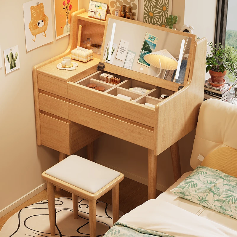 实木梳妆台化妆桌卧室简约家用小户型斗柜收纳柜翻盖梳妆桌床头柜