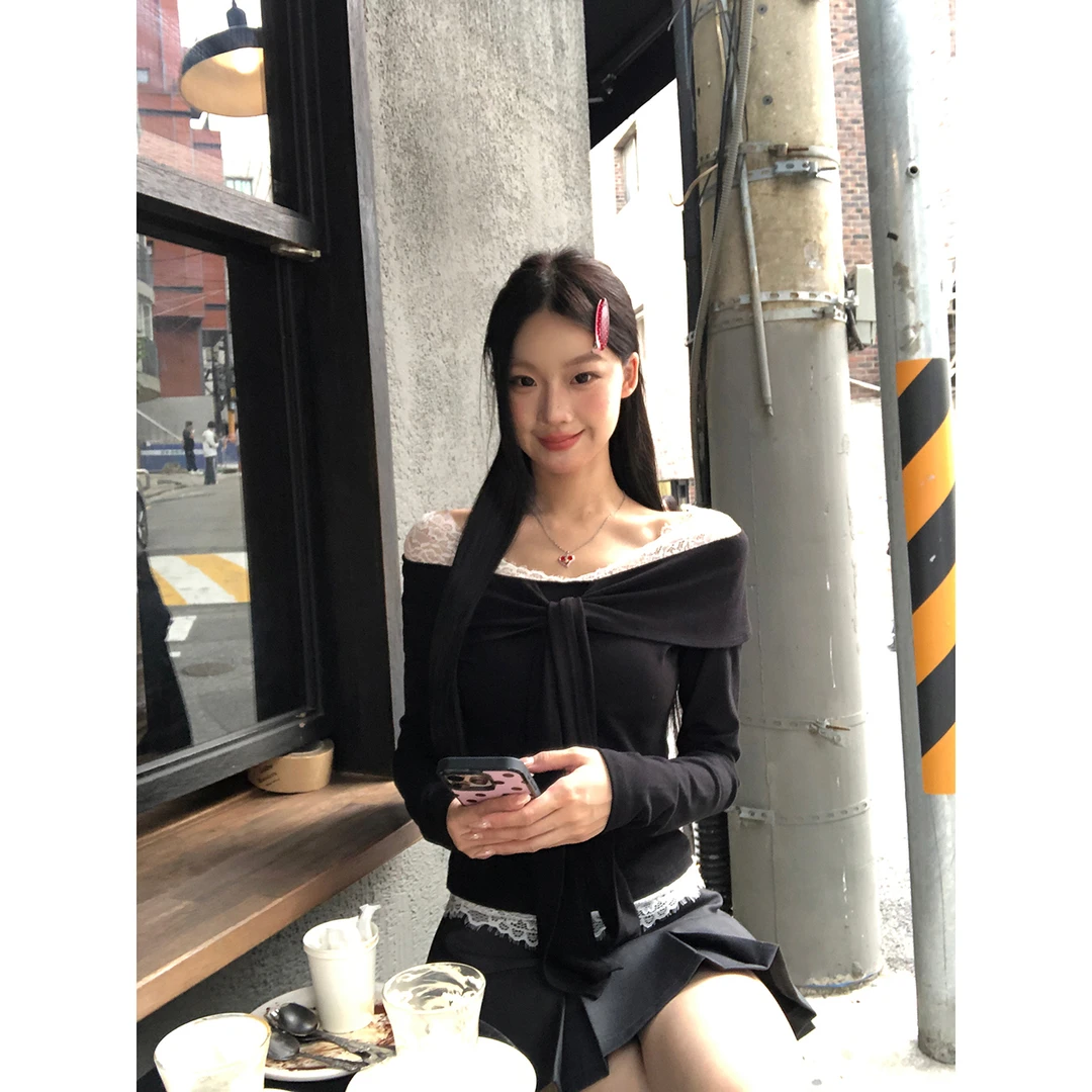 【黑曜石】秋季法式蕾丝拼接气质muji风小众T恤253M2937#