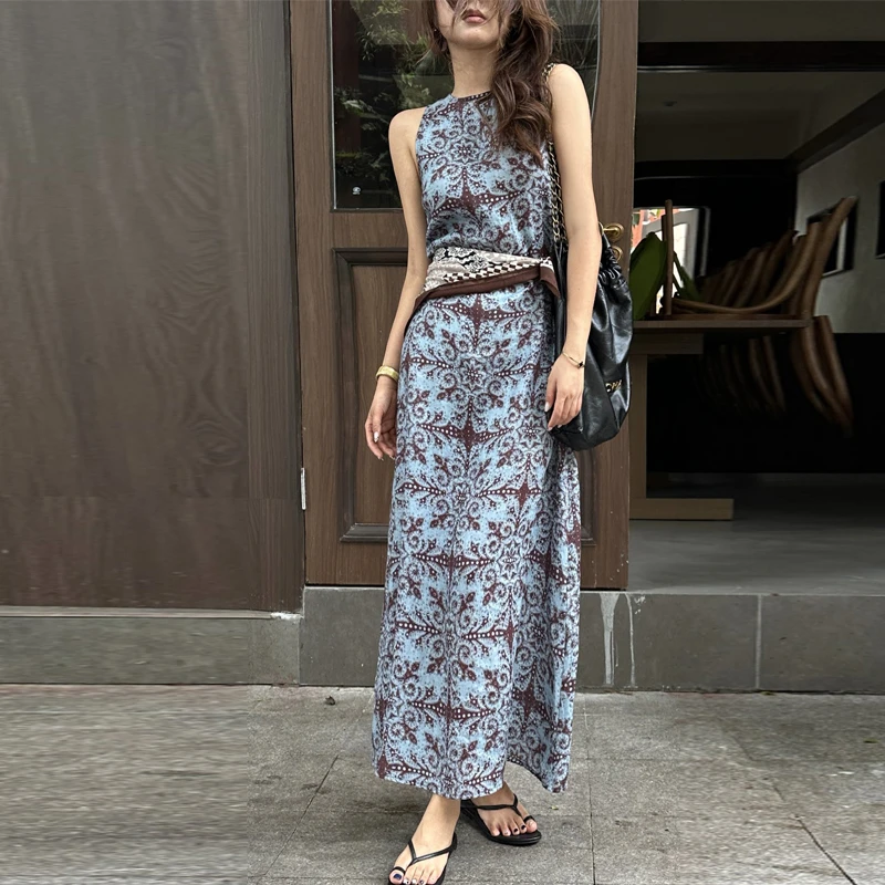 配丝巾！原创设计2025夏季新款100%亚麻印花度假风宽松A字连衣裙潮