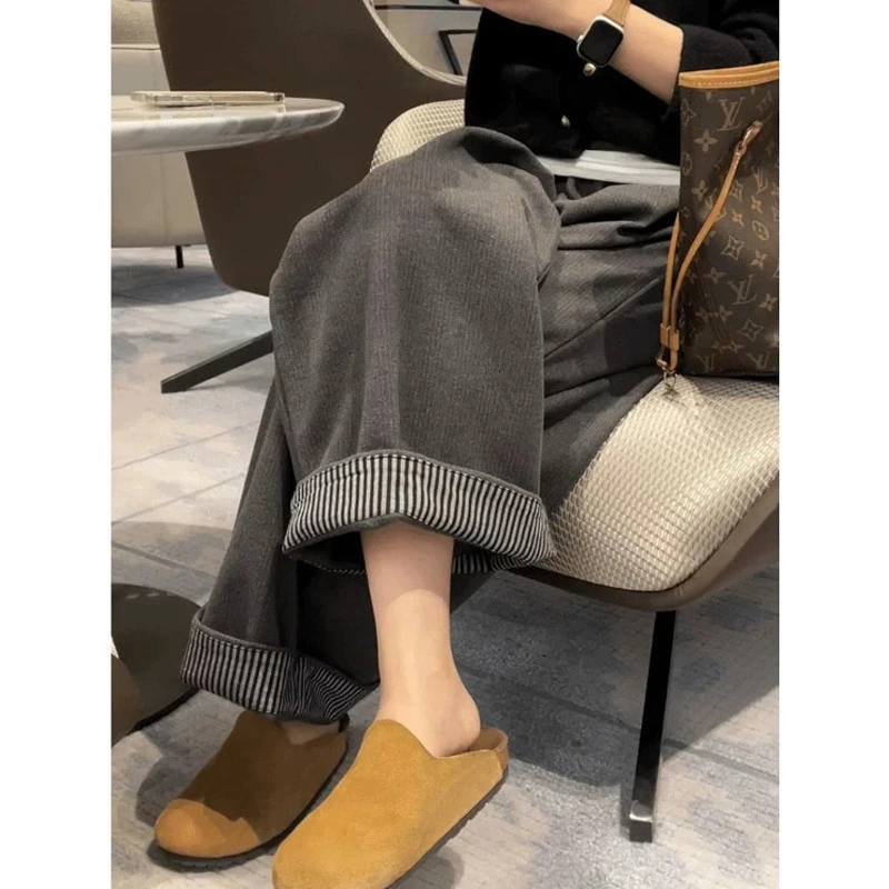 灰色卷边格纹西装阔腿裤女秋冬慵懒加厚休闲裤高腰显瘦垂坠感长裤