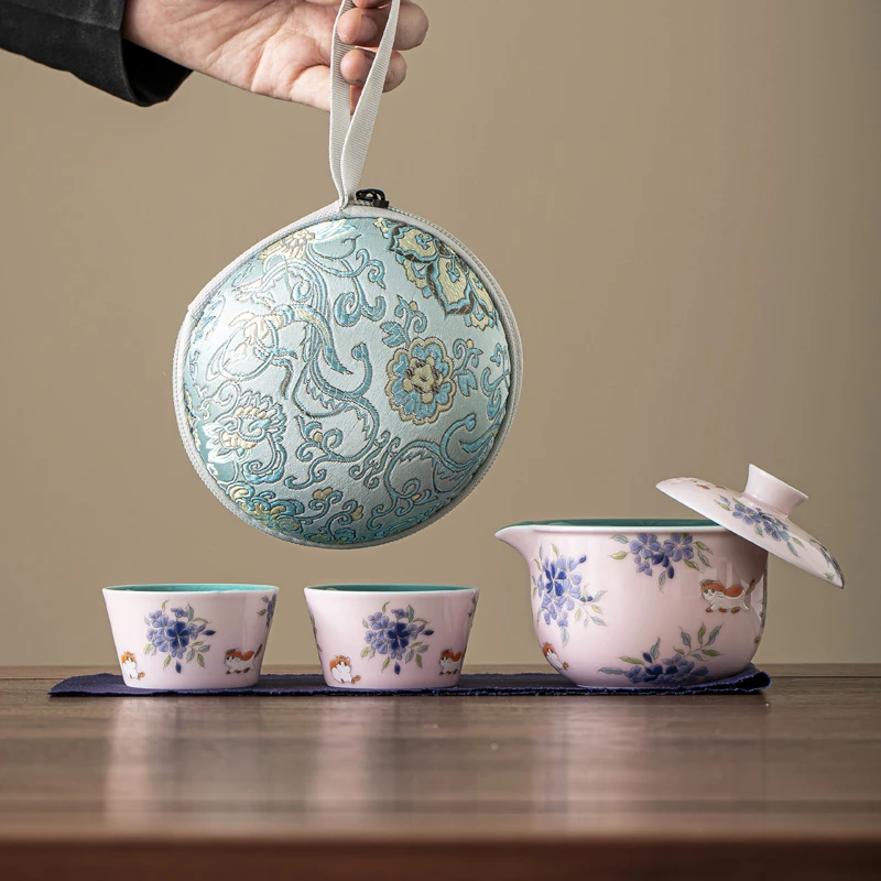 旅行茶具精美设计户外出行可爱兎小猫女士泡茶便携式随身露营高档