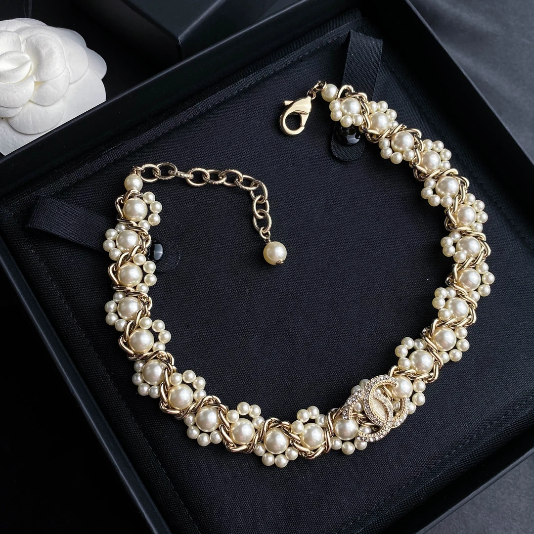 未使用 Chanel/香奈儿 香槟金链条编织珍珠镶钻choker项链 S6779