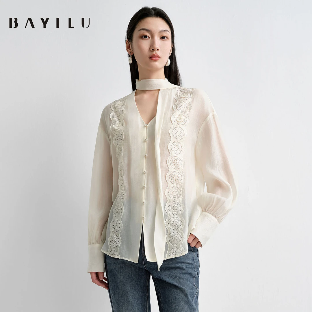 芭依璐2025春季衬衫女法式v领绣花飘带领衬衣91C0030