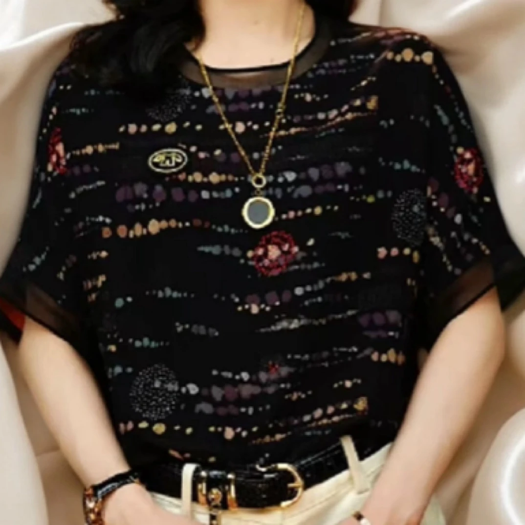 2025夏新款落肩碎花袖带标志显瘦宽松时尚印花减龄女短袖上衣8932