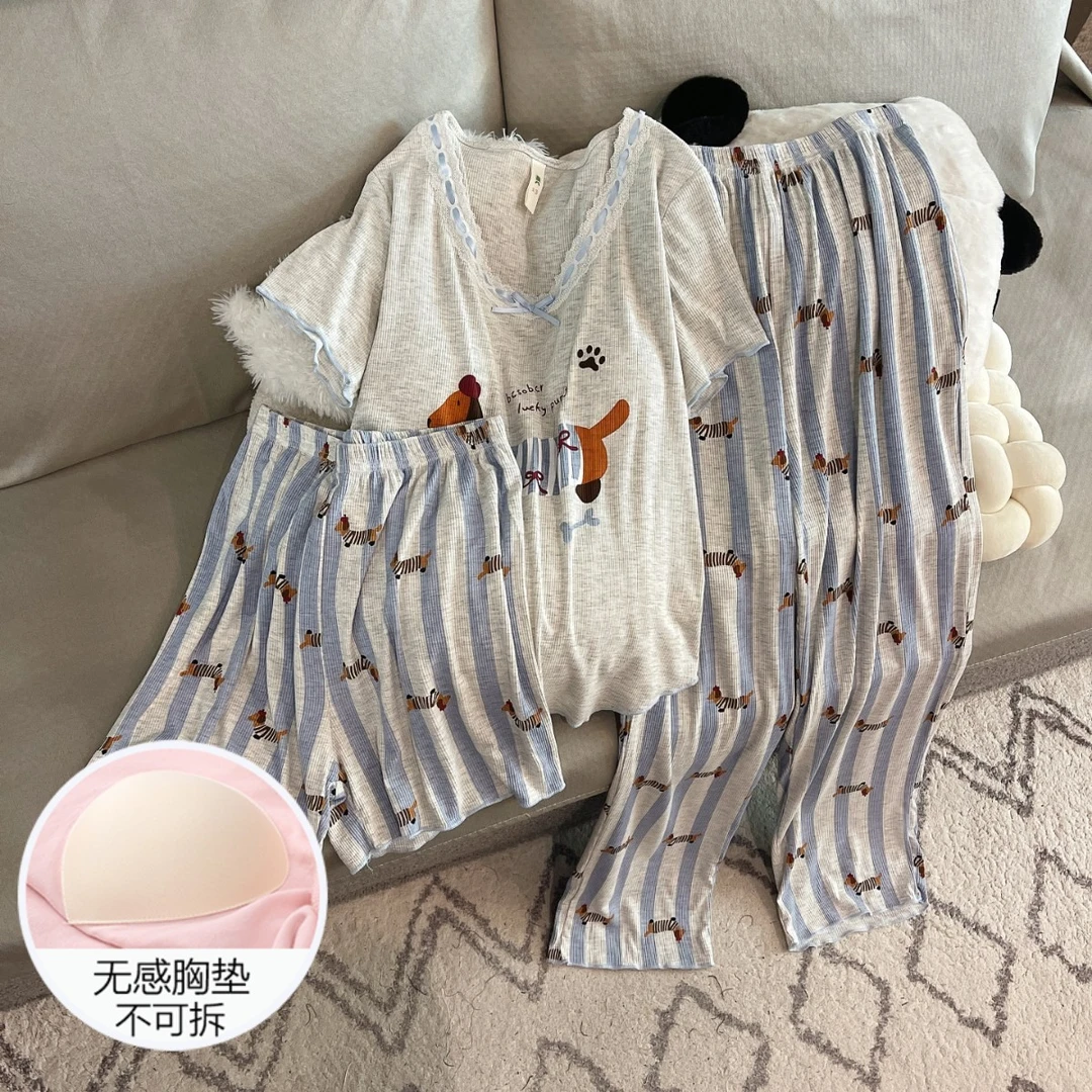 睡衣女夏季短袖三件套装带胸垫大码凉感蓝条纹狗薄款家居服