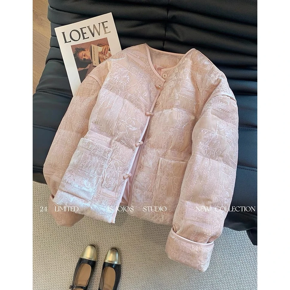 粉色新中式刺绣国风棉服女2024冬季新款高级感加厚圆领棉衣外套潮