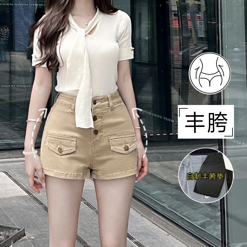 老钱风纯欲丰胯牛仔短裤女2025秋季新款多扣高腰紧身显瘦包臀热裤