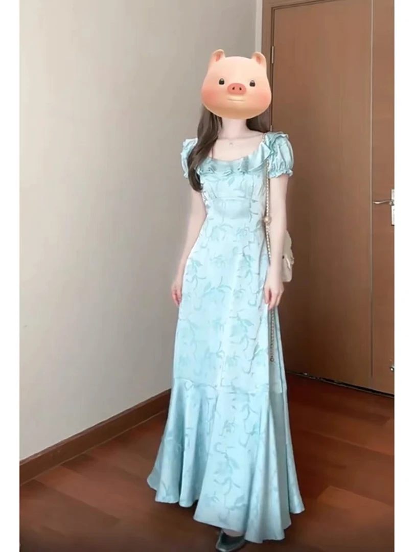 连衣裙显瘦气质蓝色夏季法式收腰泡泡袖蕾丝碎花时尚复古小众修身