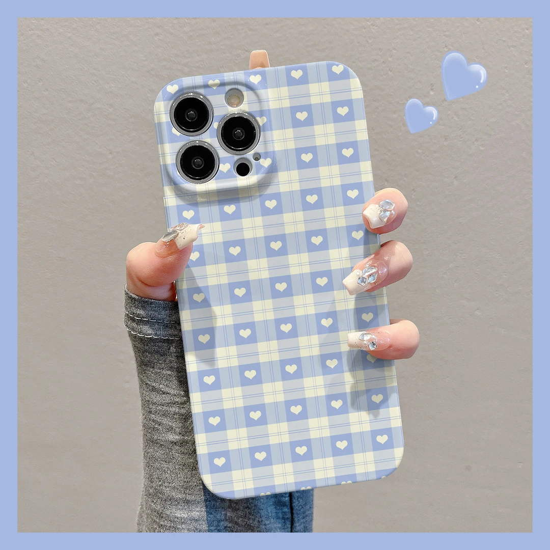 简约爱心格子适用苹果17手机壳华为小众vivo小米15创意oppo菲林壳