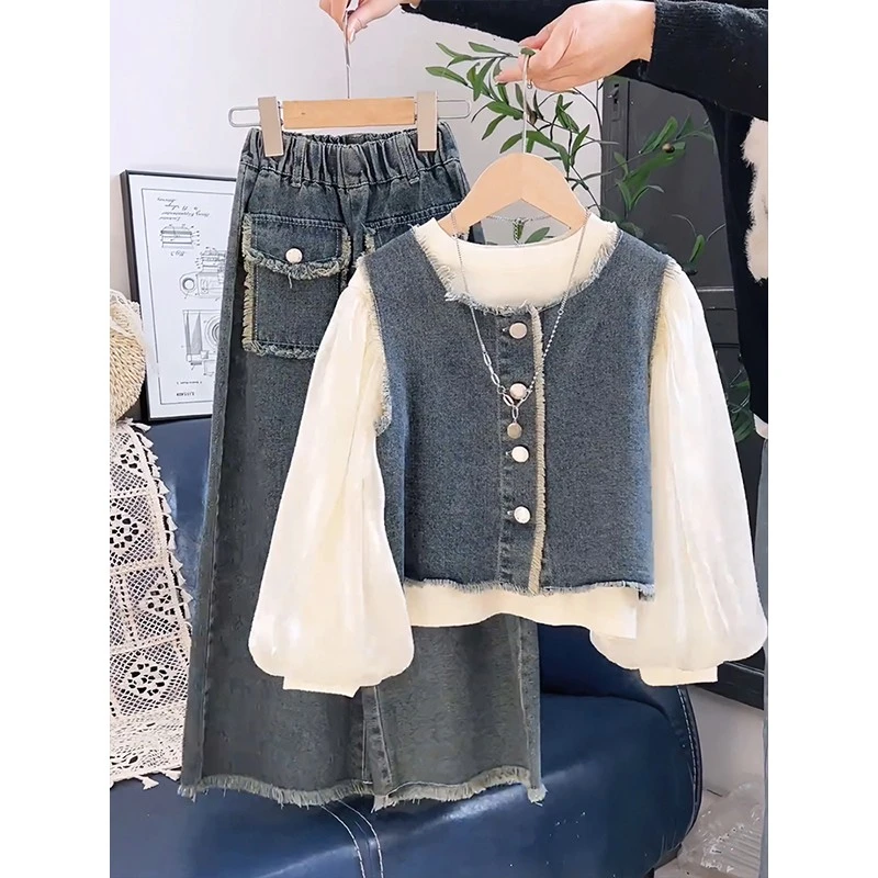 女童马甲套装春秋2025新款儿童时髦春装女孩牛仔阔腿裤两件套洋气