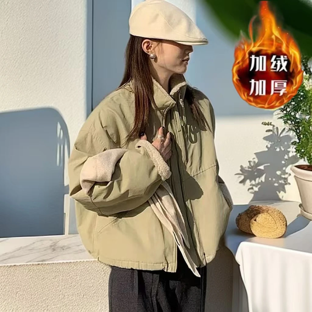 仿羊羔毛短款派克服女小个子2025冬季韩版潮休闲宽松棉服短外套