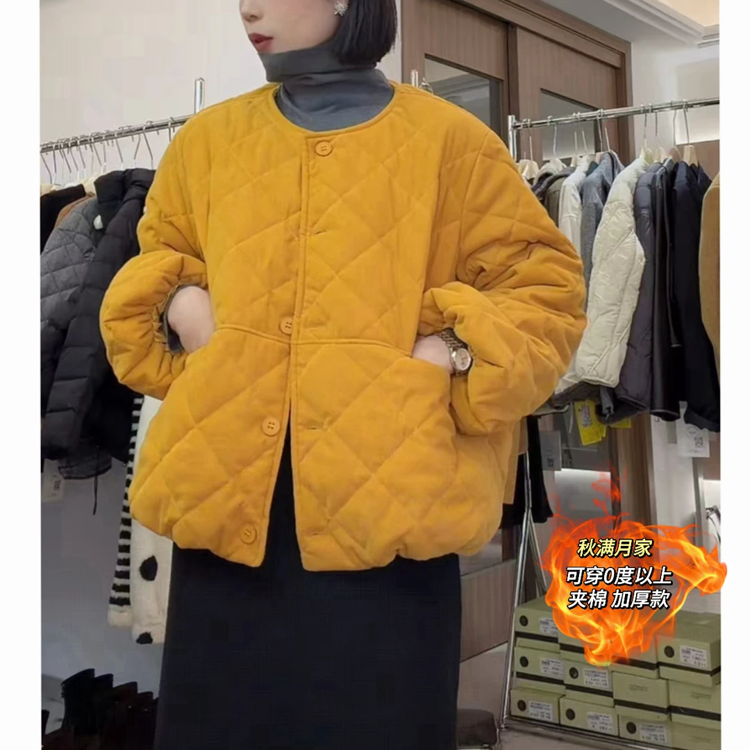 【稻浪翻金】灯芯绒棉服女款2025新款保暖宽松圆领冬天外套