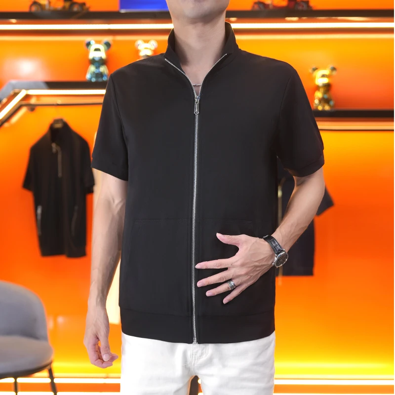 2025年夏季新款男士高品质立领短袖开衫纯色中年百搭休闲男F766