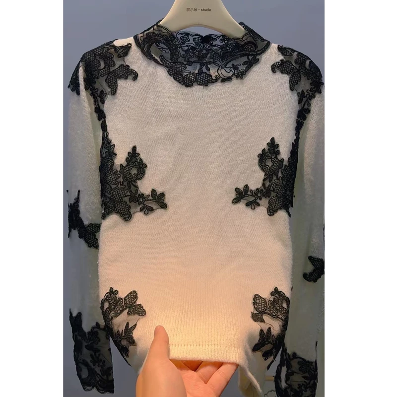 0811名媛风镂空针织衫春秋黑白蕾丝刺绣上衣
