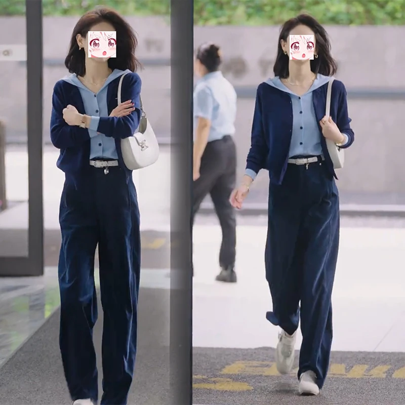 2025秋季连帽假两件长袖针织开衫高腰直筒西装裤子通勤穿搭两件套