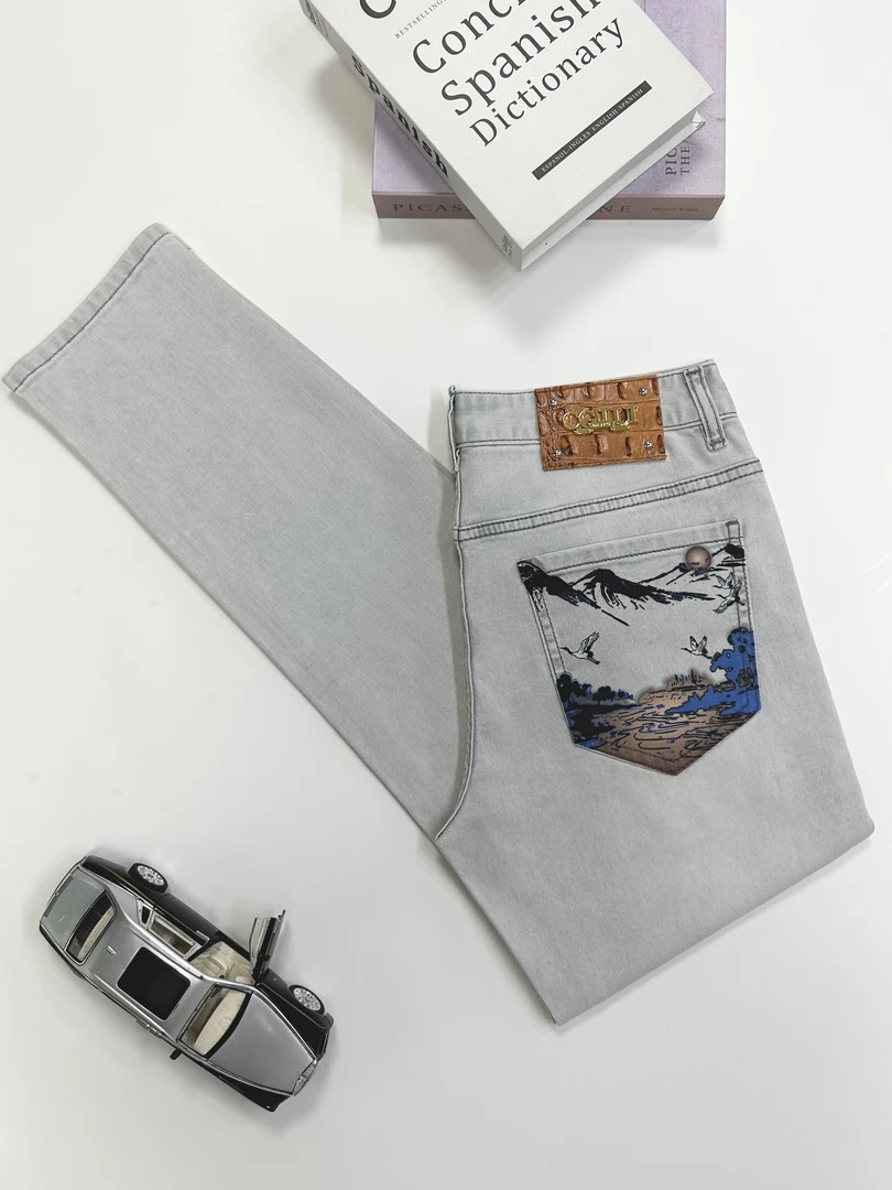 2025夏季新薄款琥珀流光弹力修身小直筒古风水洗时尚男士软牛仔裤