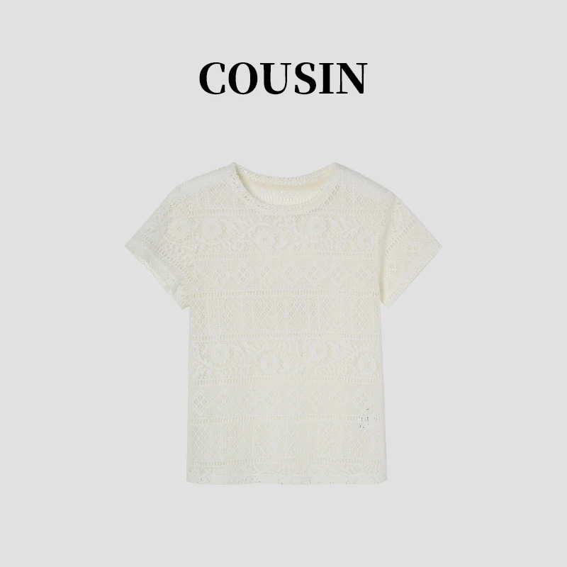 D.cousin 法式小香风刺绣镂空圆领短袖T恤上衣女  2539