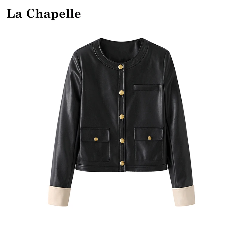 拉夏贝尔咖色春季新款圆领法式垫肩复古外套女小众皮上衣高级时尚