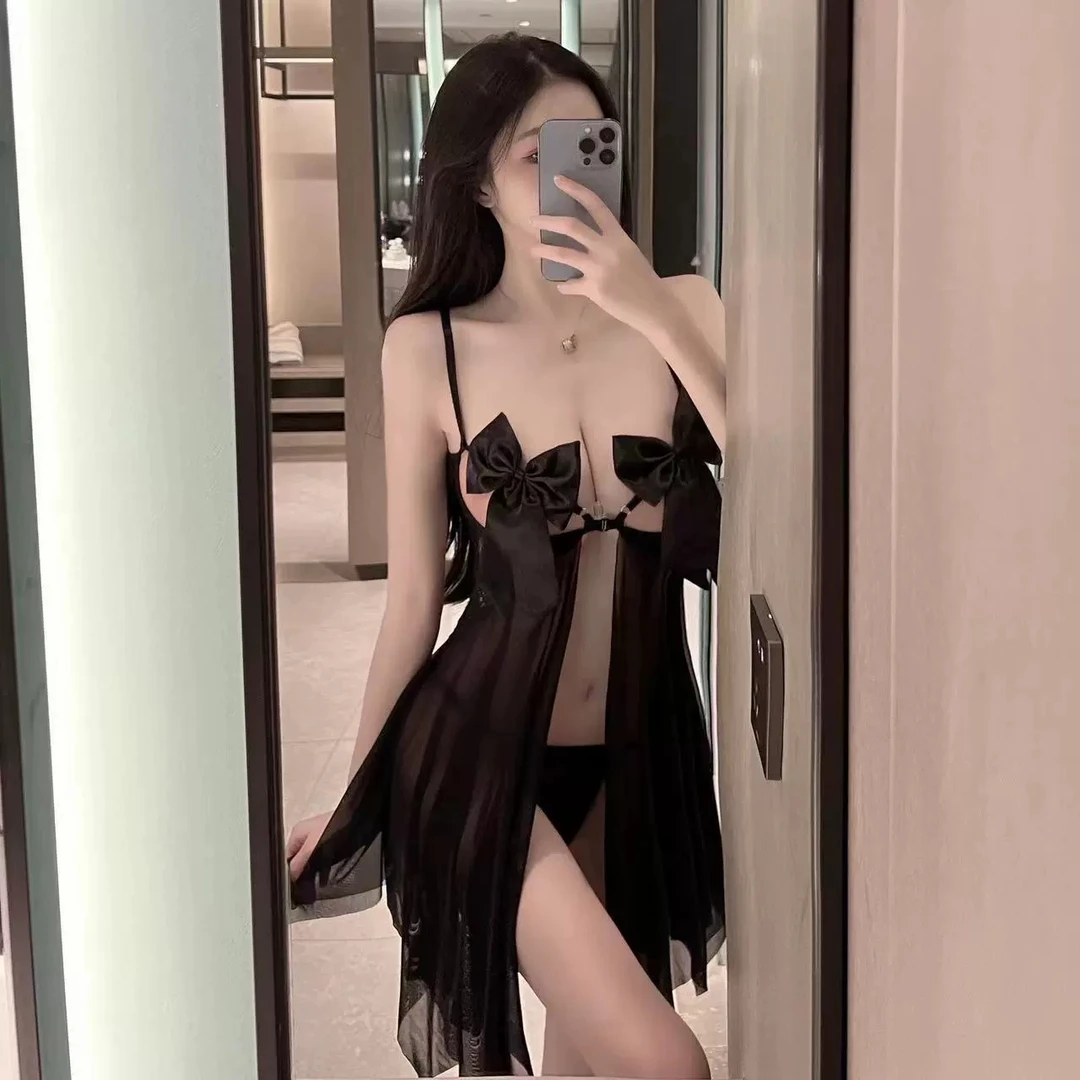 恋人【80-120斤】性感诱惑火辣纯欲风高级吊带蝴蝶结睡裙薄款法式