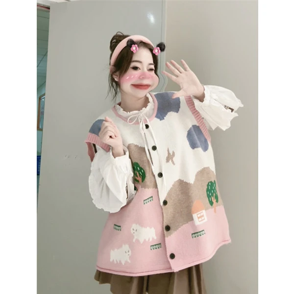 【妙妙屋】拼色山丘小树林针织毛衣马甲