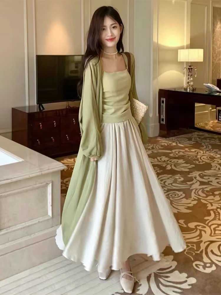 胖mm禅意风长款防晒开衫抽褶吊带背心中长款仙女半身裙三件套