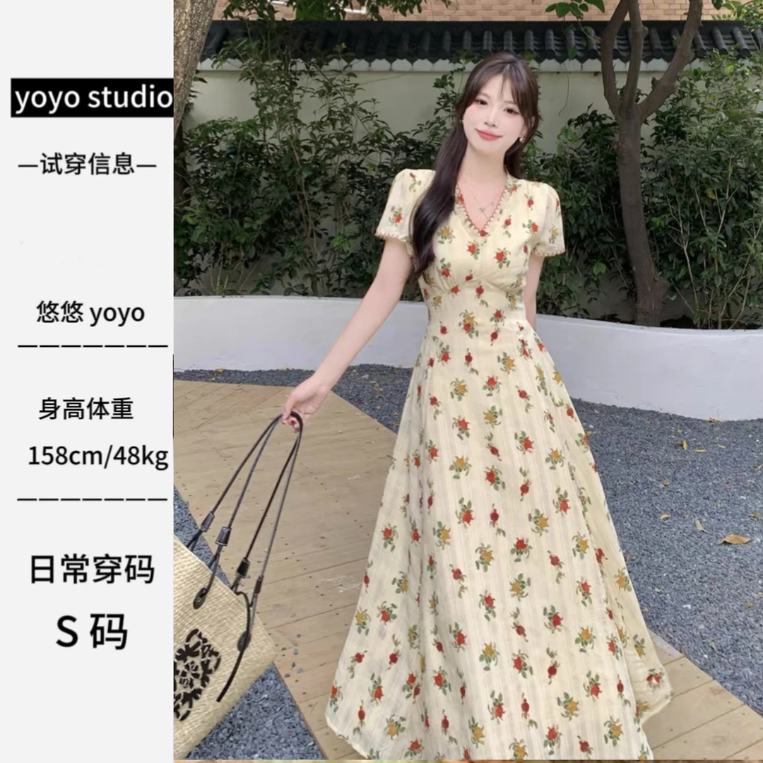 【落日玫瑰】茶歇法式绝美碎花连衣裙小清新甜美气质荷叶边长裙子