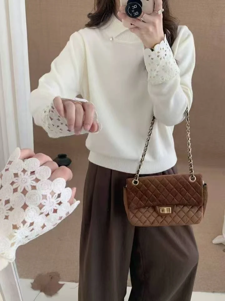 0830韩版花边拼接长袖女2025秋季新款时尚百搭显瘦毛衣上衣
