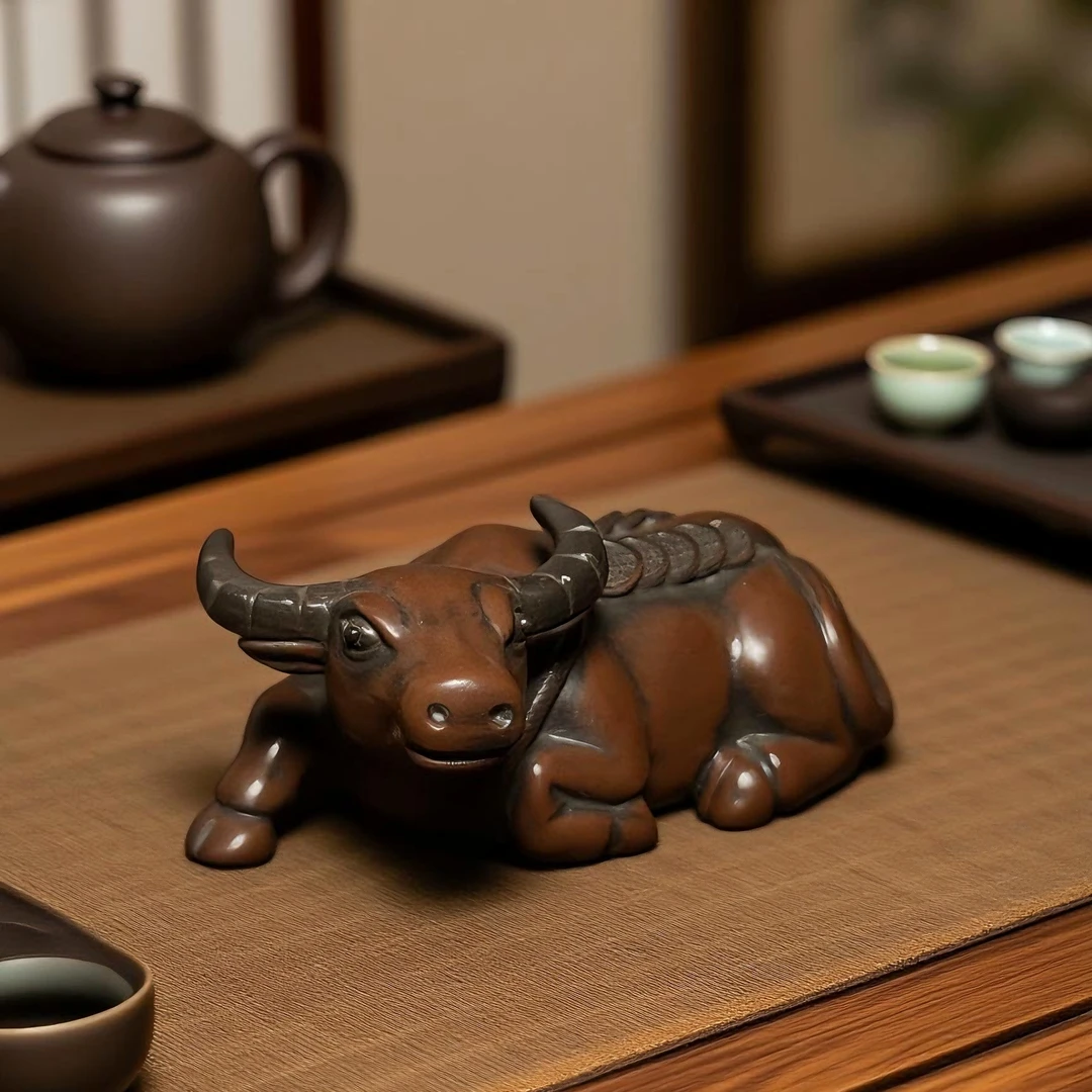 坭兴陶 可养精修牛茶宠摆件实心